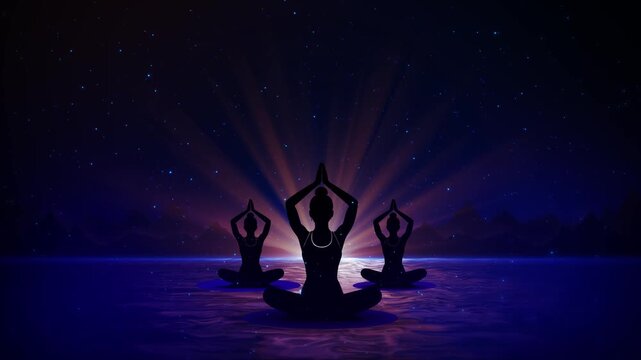 Woman meditating blue energy aura and starfield light Perfect for spiritual growth, chakra balance, yoga sessions, mindfulness visuals, relaxation content, cosmic healing themes peaceful atmosphere