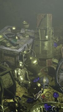 A dusty chamber reveals a trove of gold and ornate items among scattered treasures. Intricate artifacts, shields, and ornamental pieces showcase a lost civilizations history.