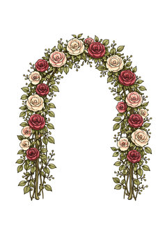 Elegant rose floral arch illustration with pink and cream blossoms, lush green leaves, and an open center space, isolated on a light background