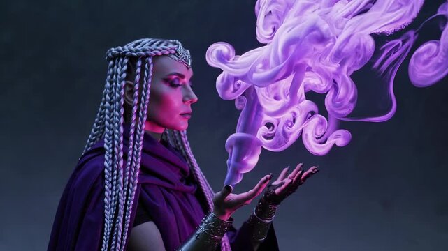 Witch creates purple smoke with magic hands casting spell. Woman conjures mystical purple smoke during witch ritual. Sorceress with braids performs magic smoke spell. Purple mystical power.