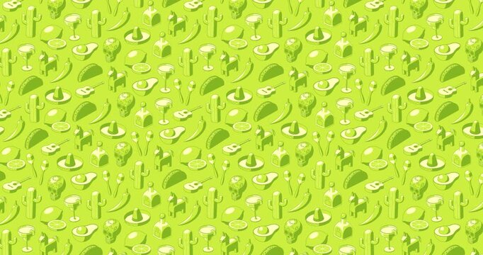 Subtle green on green background animation of Cinco de Mayo icons