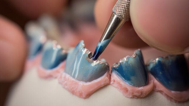 Artists hands actively glazing the incisal edge of a ceramic tooth restoration capturing the detail of color blending with a softly blurred backdrop to enhance focus on the