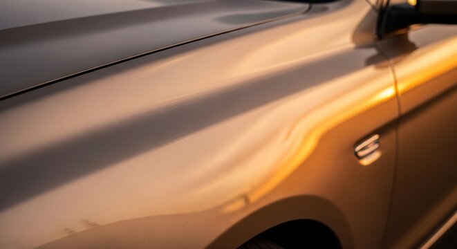 Closeup of a cars side reflecting the warm glow of the setting sun.