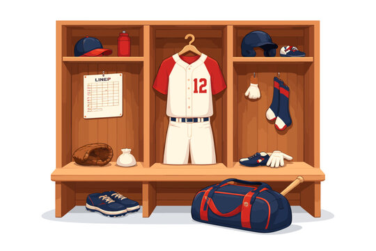 Organized baseball locker room illustration featuring uniform, helmet, glove, shoes, bat, duffel bag, and accessories neatly arranged in wooden cubbies
