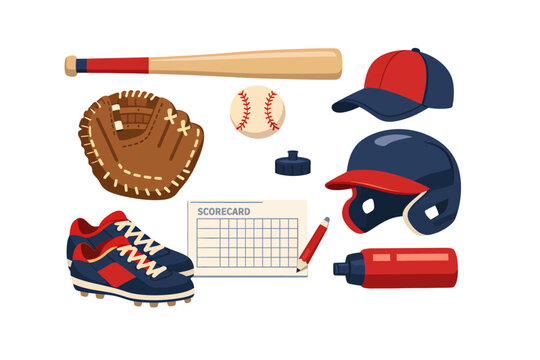 Set of baseball equipment and game icons in flat cartoon vector style, including glove, ball, bat, helmet, cap, cleat, bases, scoreboard, umpire mask, whistle, cone, and bench isolated on a light back