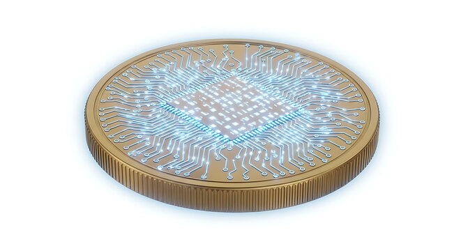 Abstract glowing coin with digital circuit pattern isolated crypto concept