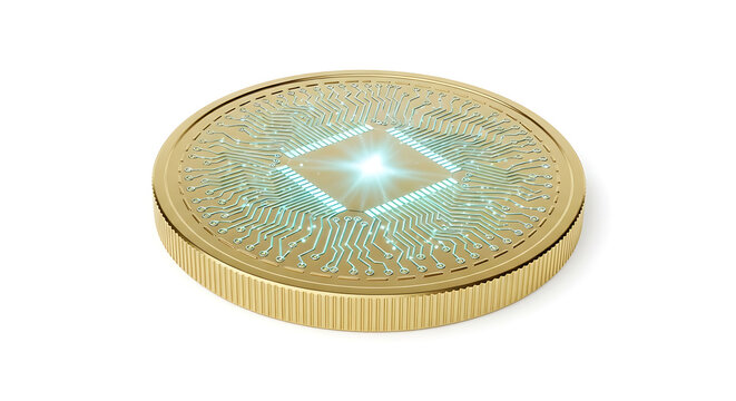 Abstract glowing coin with digital circuit pattern isolated crypto concept
