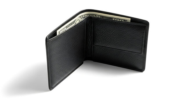 Premium black wallet with cash partially visible isolated concept