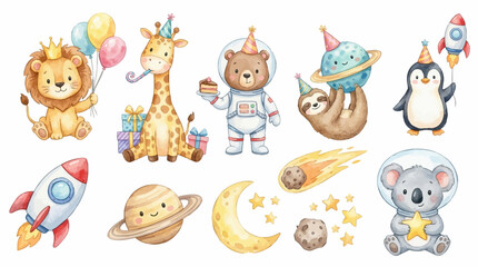 Fototapeta premium Cute watercolor baby space birthday set. Watercolor cute animals and space birthday clipart set for kids design. Collection of Vector illustrations for invitation, card, poster, banner, decoration