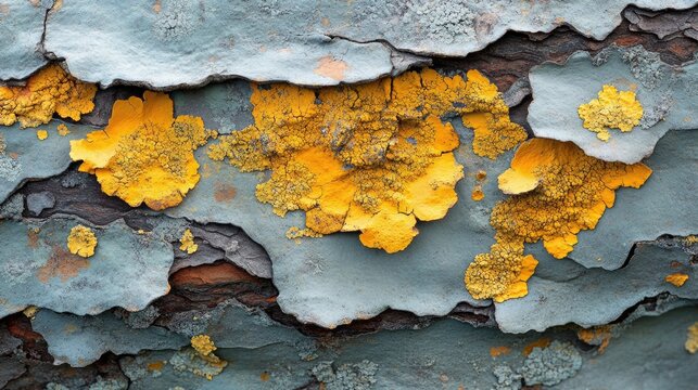 Close-up of vibrant yellow moss and lichen textures on tree bark
