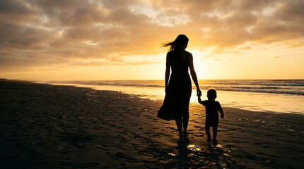 Silhouette of mother and child holding hands walking on the beach at sunset, Mother's Day and maternal love concept. © Pedro Fiuza
