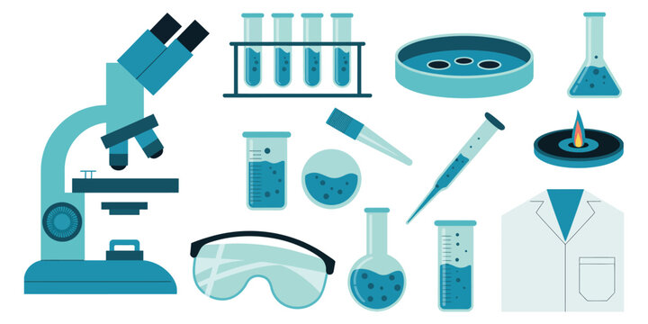 Medical laboratory equipment icons with compound microscope, Bunsen burner, centrifuge, lab coat, detailed science tools illustration in clinical blue and teal tones.