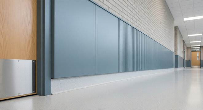 Modern school hallway interior with blue wall panels, empty institutional corridor in a college or hospital, clean public building architecture