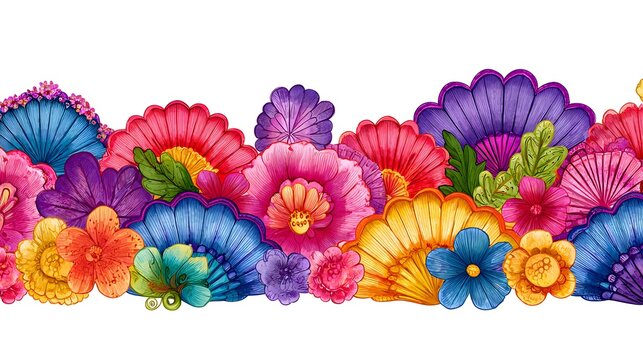 Intricate Cinco de Mayo Watercolor Paper Fans Border for Vibrant Fiesta Clip Art and Print Materials