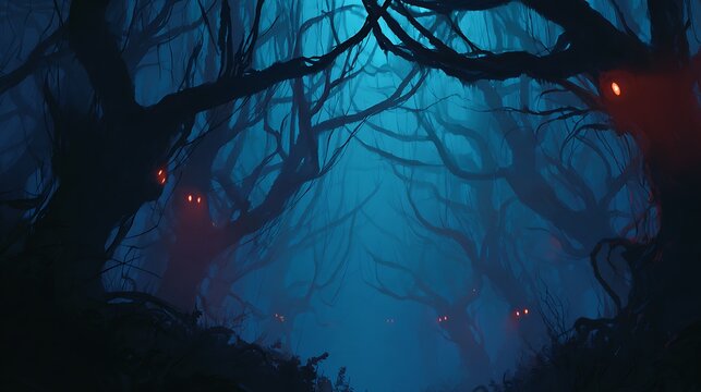 Eerie digital forest with gnarled branches and glowing orbs, atmospheric AI artwork