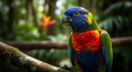 Obraz premium Colorful lorikeet parrot perched on branch in lush green jungle with blurred background.