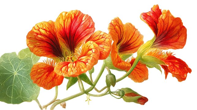 Intricate Close-Up Illustration of Tropaeolum Majus: Revealing the Detailed Patterns and Vivid Floral Colors on a Clean White Canvas