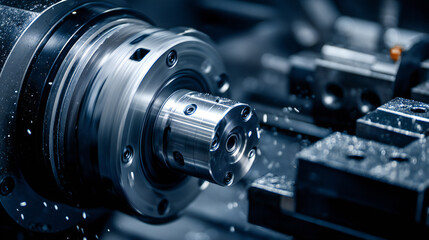 Fototapeta premium Close-up of CNC lathe machine shaping metal component. Precision engineering and industrial manufacturing concept with high detail and technology.