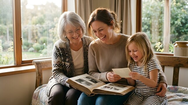 Grandmother mother and granddaughter looking at photo album by window, Mother's Day
