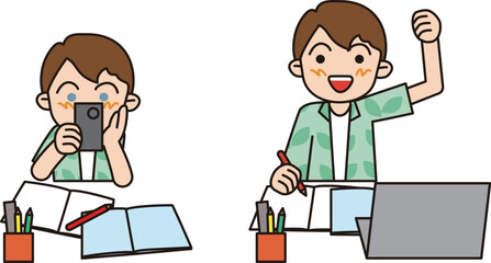 Fototapeta premium An illustration of a young boy studying at home, showing both apathy and motivation.