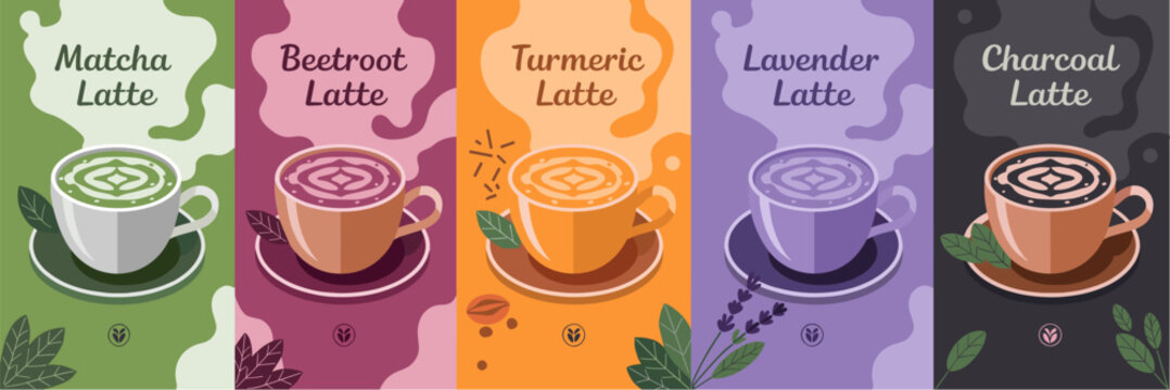 Superfood Latte Banner Set Flat Vector with Matcha Beetroot Turmeric Lavender and Charcoal Wellness Drinks