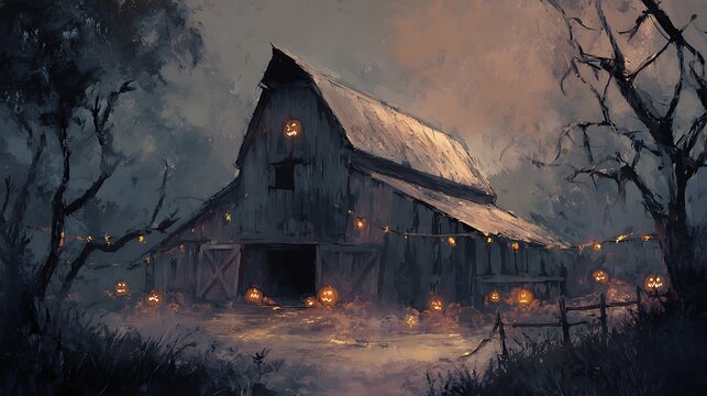 Atmospheric Halloween Barn with Jack-o'-lanterns and Bare Trees - Digital Illustration