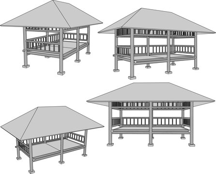 Traditional Ethnic Gazebo Architecture from Indonesia Minimalist Wooden Rumah Adat Design with Iconic Sharp-Peaked Roof and Rustic Timber Textures
