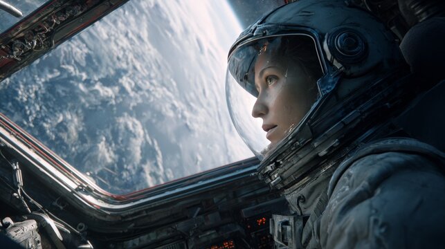A female astronaut gazes out a spacecraft window at the Earth. Her helmet reflects the planet's curve & swirls of clouds