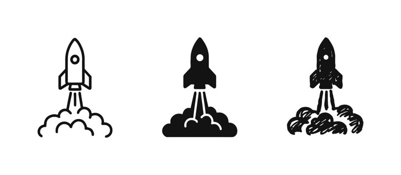 Rocket launch icon set. Outline, silhouette, and hand-drawn doodle styles. Startup, growth, and space mission symbol.