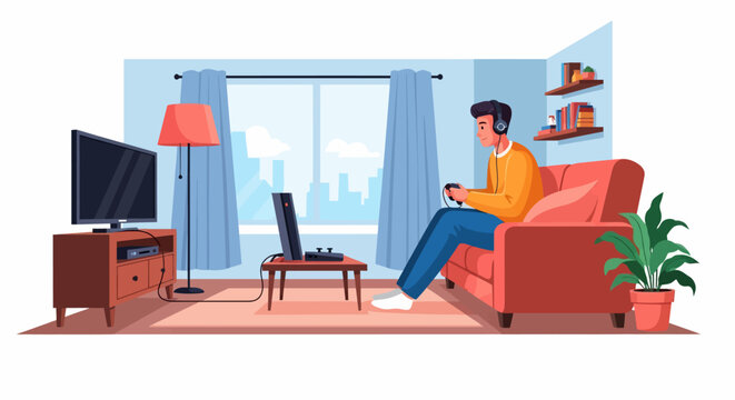 Man Relaxing on Sofa with Remote Control.