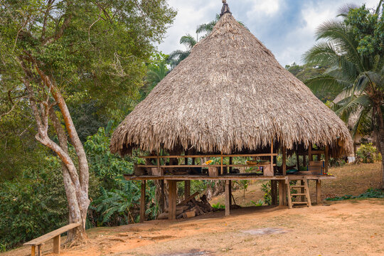 Traditional raised stilt house with a conical thatched roof in an Embera indigenous village, Panama, Chagres National Park