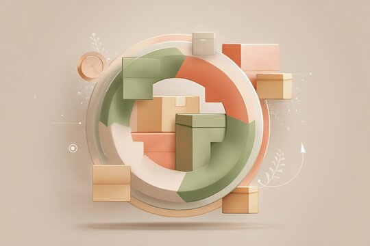 Circular packaging and recycling concept with layered ring arrows and cardboard boxes in soft pastel tones