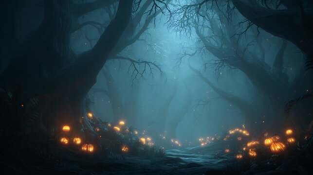 Dark forest path with illuminated pumpkins, atmospheric digital painting