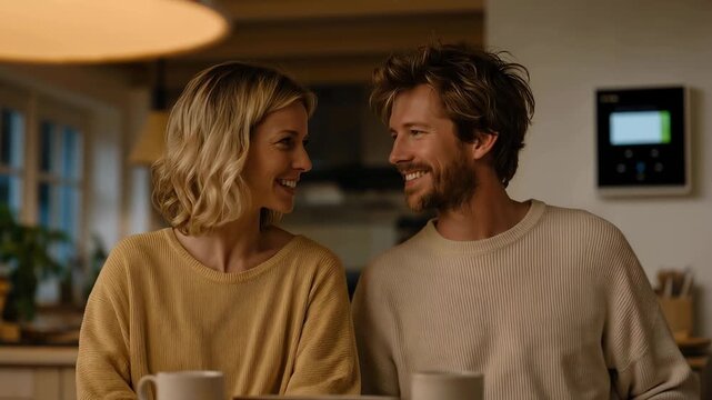 Couple reviewing monthly energy billing app at kitchen table, warm overhead lamp casting golden glow, solar inverter dashboard mounted on adjacent wall glowing green, coffee mugs untouched, ideal