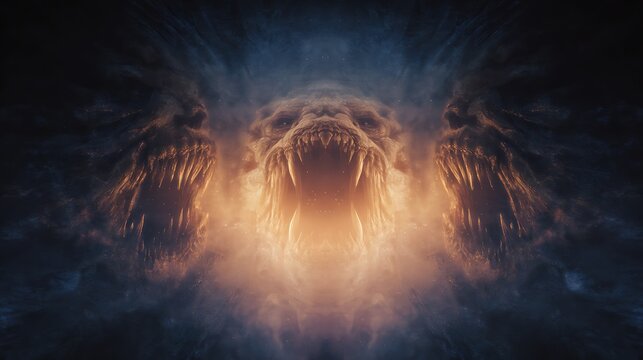 Eerie spectral monster emerging from glowing darkness, digital art