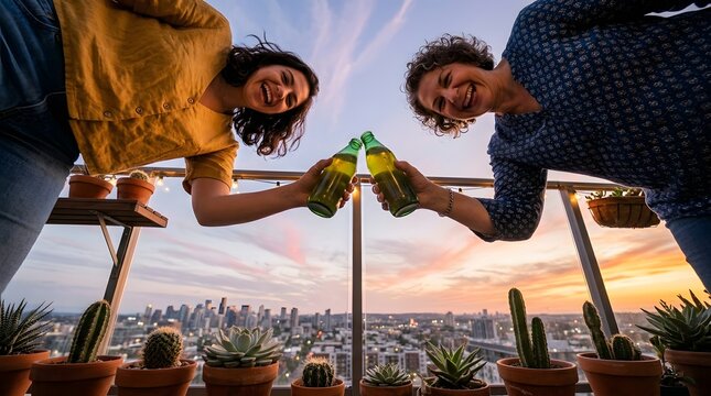 Mother and daughter toasting beer bottles on balcony at sunset, Mother's Day