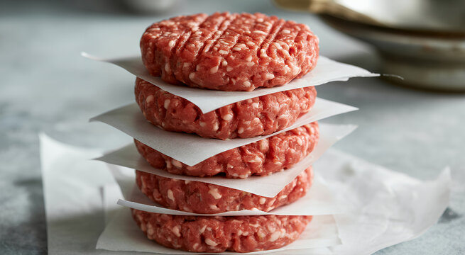Fresh raw ground beef burger patties stacked with parchment paper on a rustic gray stone surface