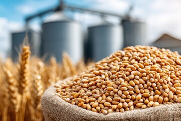 Obraz premium Harvested wheat grains piled high in a burlap sack, with silos and wheat fields in the background.