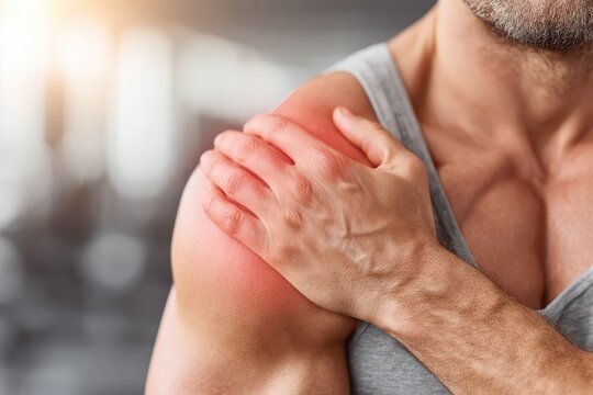 Man holding his shoulder in pain, with red inflammation indicating injury or discomfort.