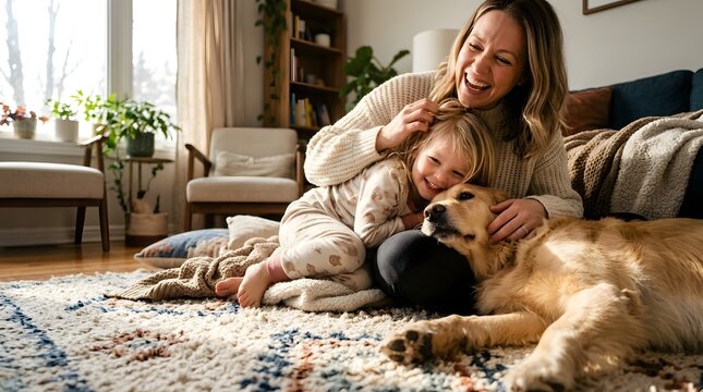 Mother hugging daughter and golden retriever on rug, Mother's Day