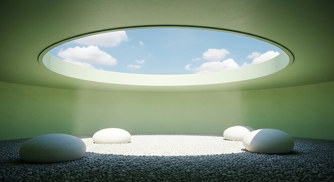 A minimalist circular skylight illuminating a serene white room with soft natural daylight