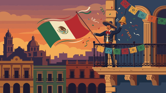 Mexican Independence Day celebration with flag and charro on balcony