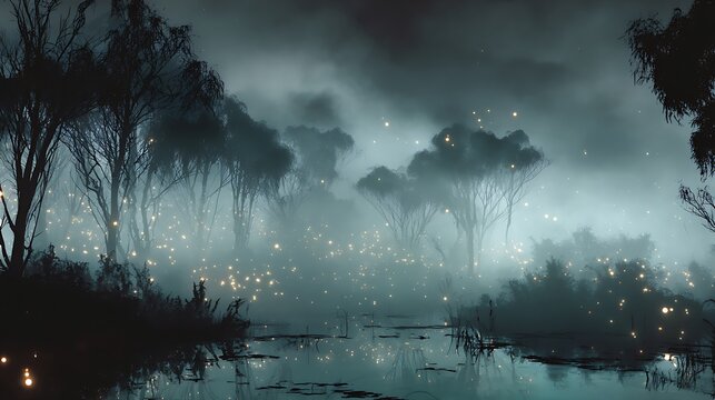 Dark forest with glowing fireflies and misty atmosphere, AI generated artwork