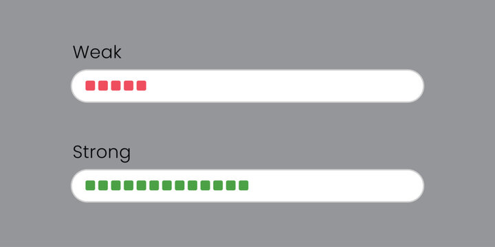 Weak and strong password strength indicator bar set. Vector progress levels for cybersecurity, web security, and user data protection interface design. Vector Illustration.