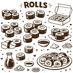 Rolls sushi doodle set japanese food maki nigiri soy sauce illustration  © Irina 