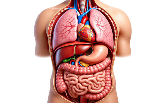 Detailed human digestive system showing internal organs stomach, intestines, liver, pancreas, gallbladder, heart, lungs and vascular network tissue anatomy isolated on white background