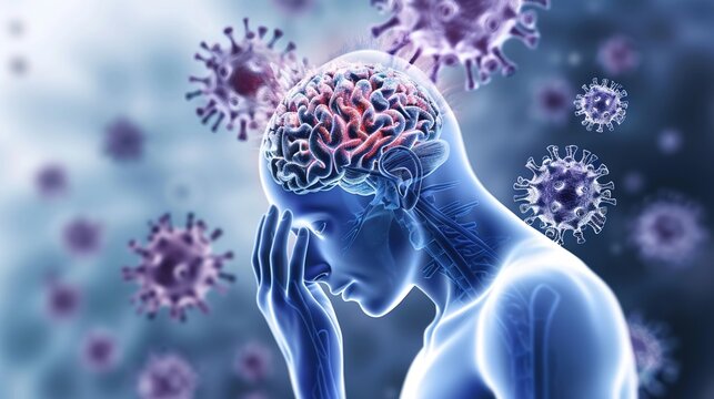 Herpes simplex encephalitis is a severe acute viral infection affecting the central nervous system, caused by herpes simplex virus. This medical illustration visualizes brain inflammation, neural dama