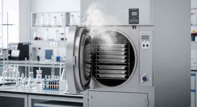 Medical autoclave machine sterilizes surgical instruments with steam inside a laboratory setting.