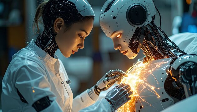 Humanoid Robot Being Repaired by Technician in Futuristic Laboratory.