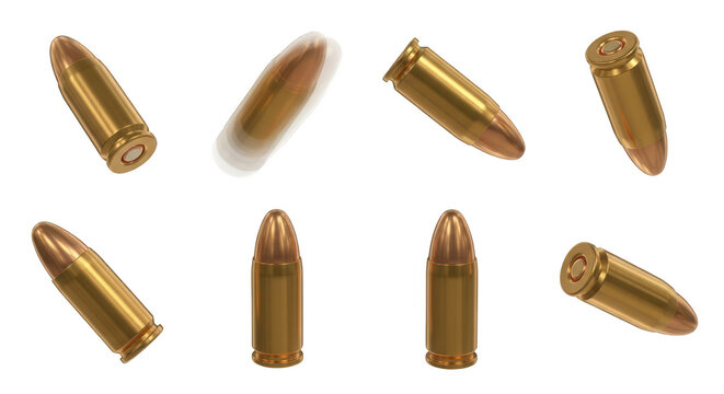 various angles of brass bullets isolated on a clean white background for use in weapons and defense industry